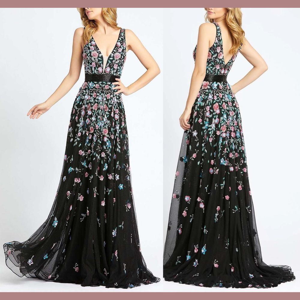 Nwt $598 Mac Duggal [ 4 ] Plunging V Neck Neckline Floral A Line Gown Black #J60